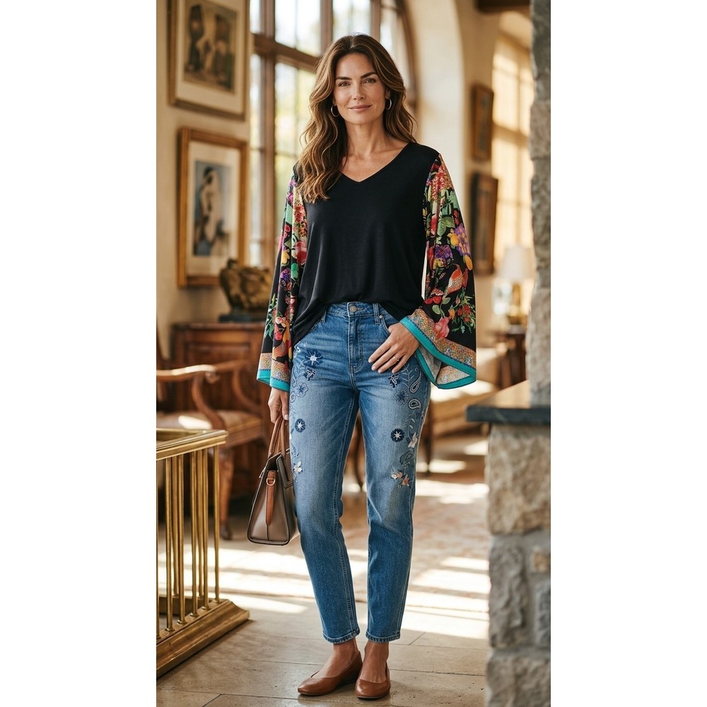 Desigual Exaggerated Colorful Bird Sleeves Womens size XL Stretchy Statement Top - Picture 4 of 16